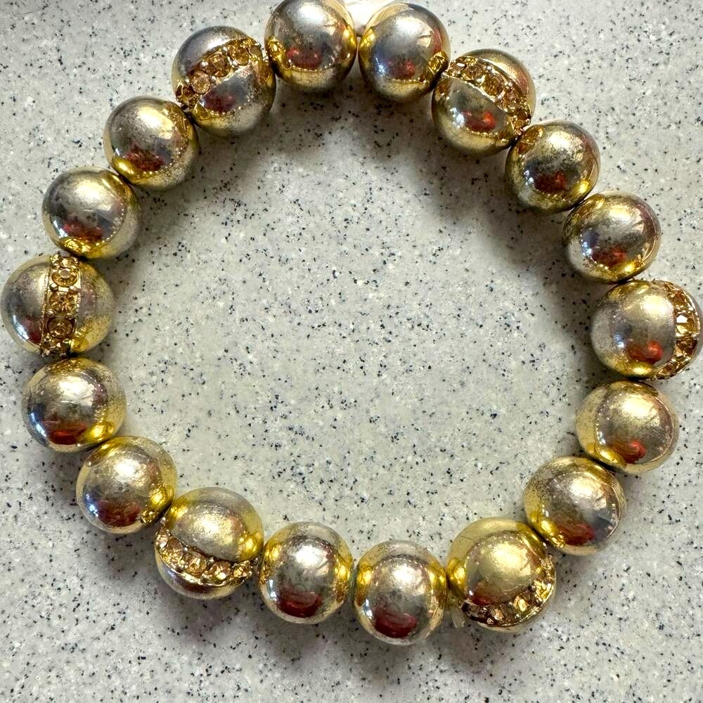 Vintage Gold Pave Rhinestone Chunky Beads Bracelet Stretch Band Glam Jewelry
